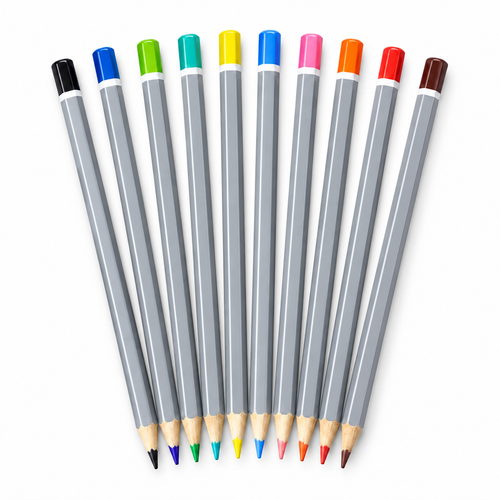 Styled studio illustration of all ten grey hexagonal wooden colour pencils arranged in a fan on white.