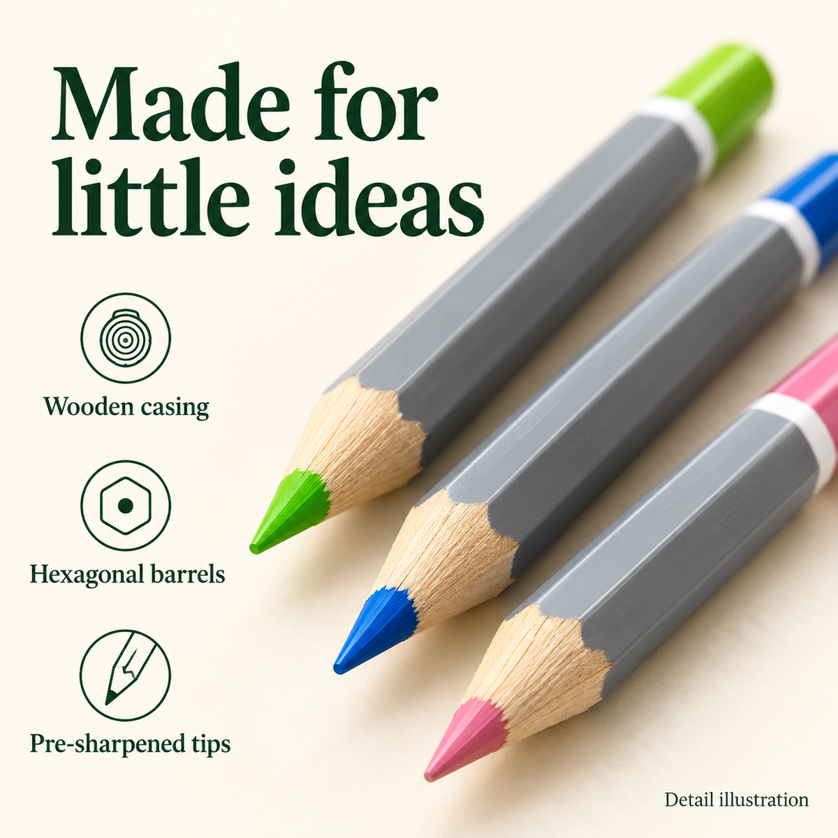 Illustrated close-up showing wooden casing, coloured cores and pre-sharpened tips on three grey hexagonal pencils.
