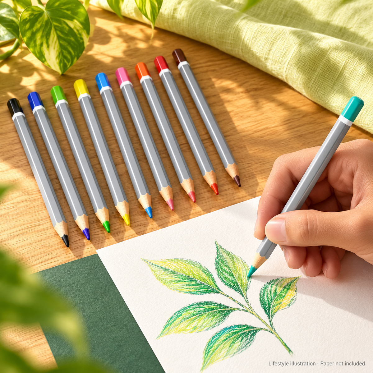 Lifestyle illustration: one pencil drawing leaves and nine pencils on a desk. Paper and styling props are not included.