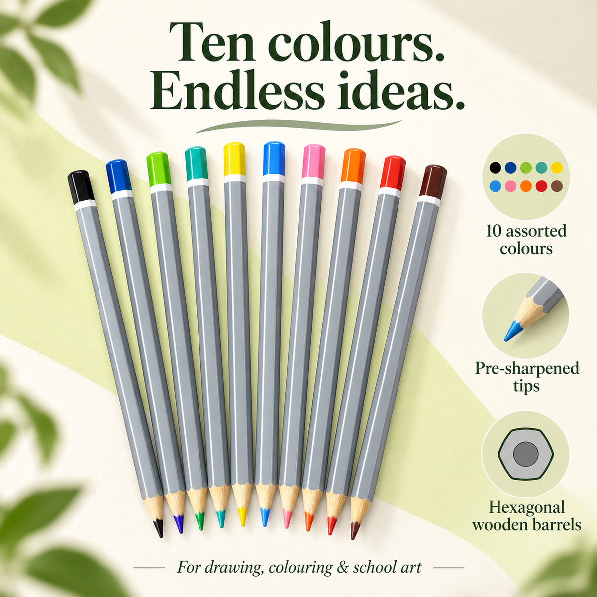Feature illustration: ten assorted colour pencils, pre-sharpened tips and hexagonal wooden barrels, on pale lime.