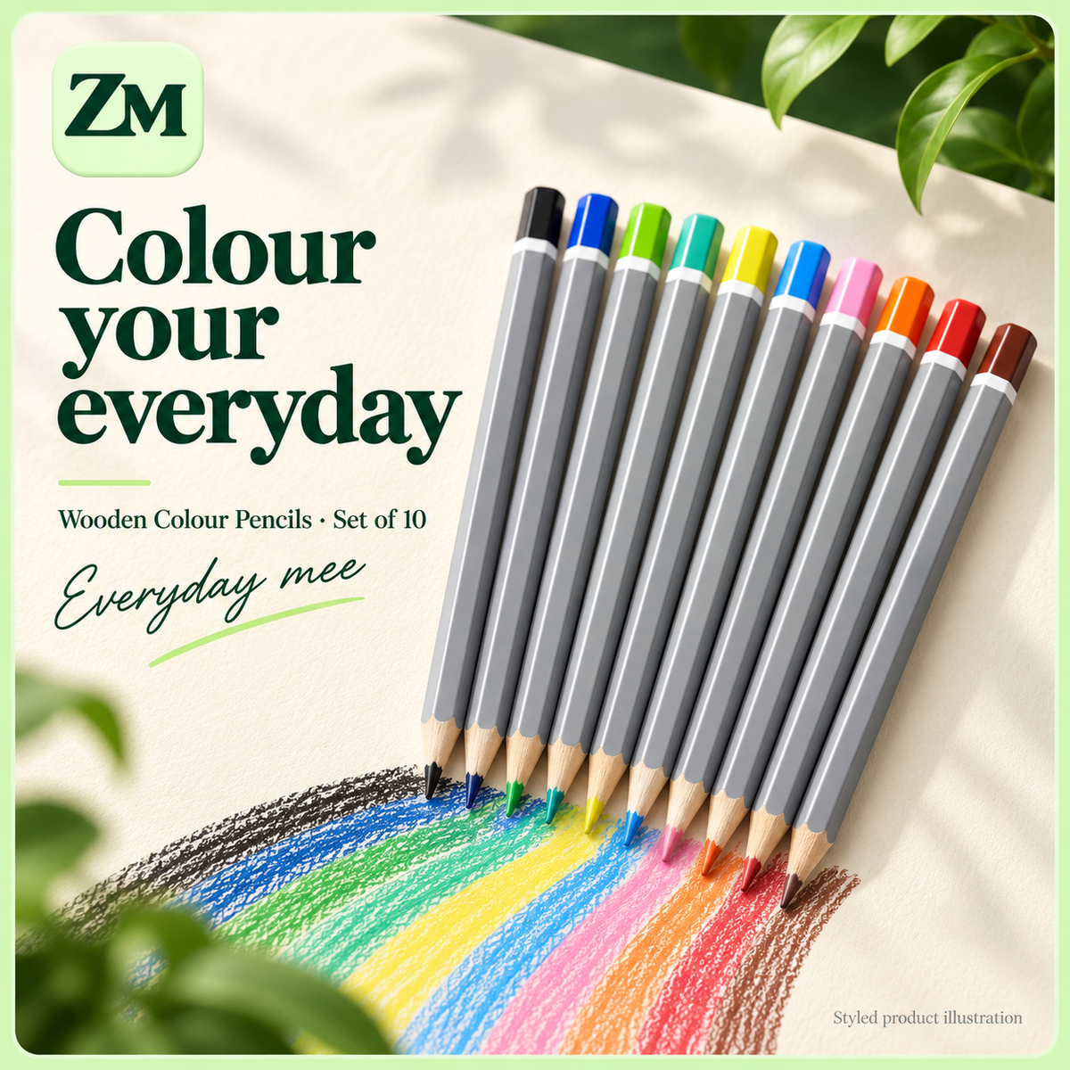 ZOVMEE styled illustration of ten wooden colour pencils with the green ZM logo and Everyday mee branding.